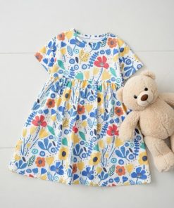 سارافون دخترانه یقه گرد آستین کوتاه طرح گل خانگی